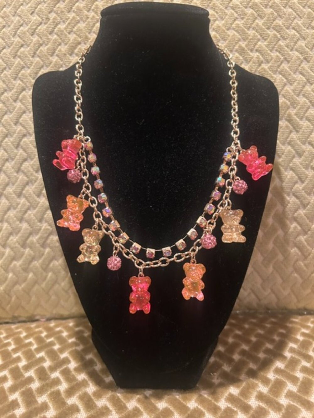 Betsey Johnson Gummy Bear Rainbow Rhinestone Multi Strand Adjustable Necklace